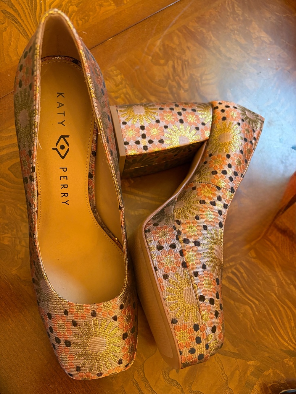 Katy Perry Collections Pink Gold Floral Platform Block Heels - Picture 11 of 14